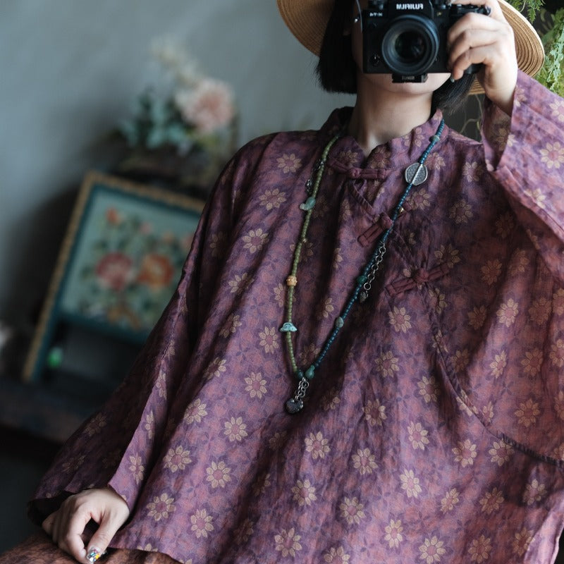 Vintage Floral Ramie Batwing Blouse