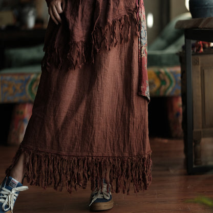 Terracotta Nomad Fringe Cotton-Linen Midi Skirt