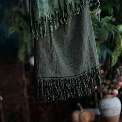 Charcoal Moss Nomad Fringe Cotton-Linen Midi Skirt