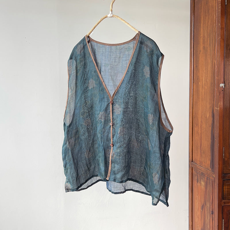 Chaleco floral de ramio con cuello en V