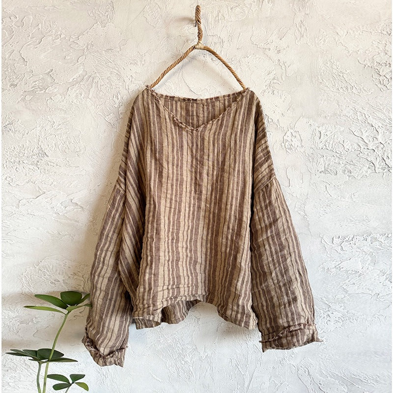 Vintage Striped Linen-Blend Blouse | Relaxed V-Neck Top
