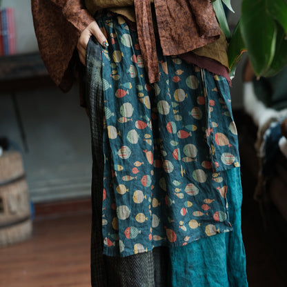 Vintage Fish Print Ramie Wide Leg Pants