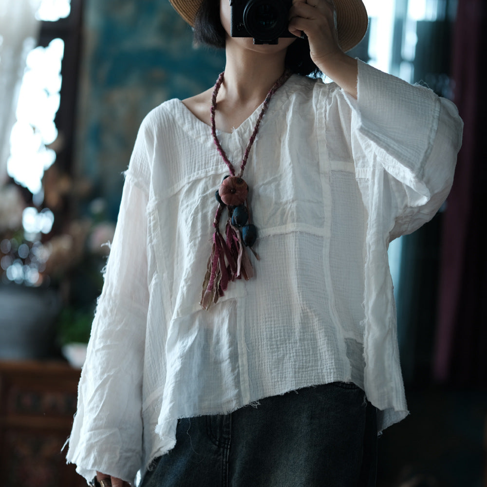 Blusa vintage de patchwork con cuello en V