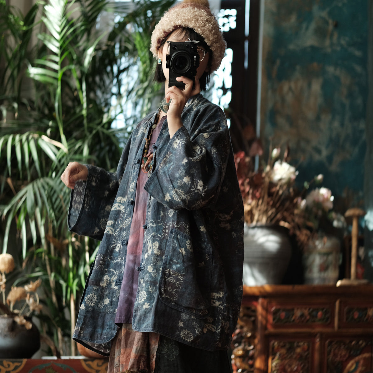 Indigo Garden Linen Kimono Jacket
