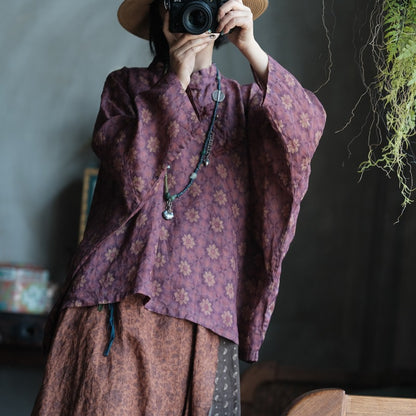 Vintage Floral Ramie Batwing Blouse