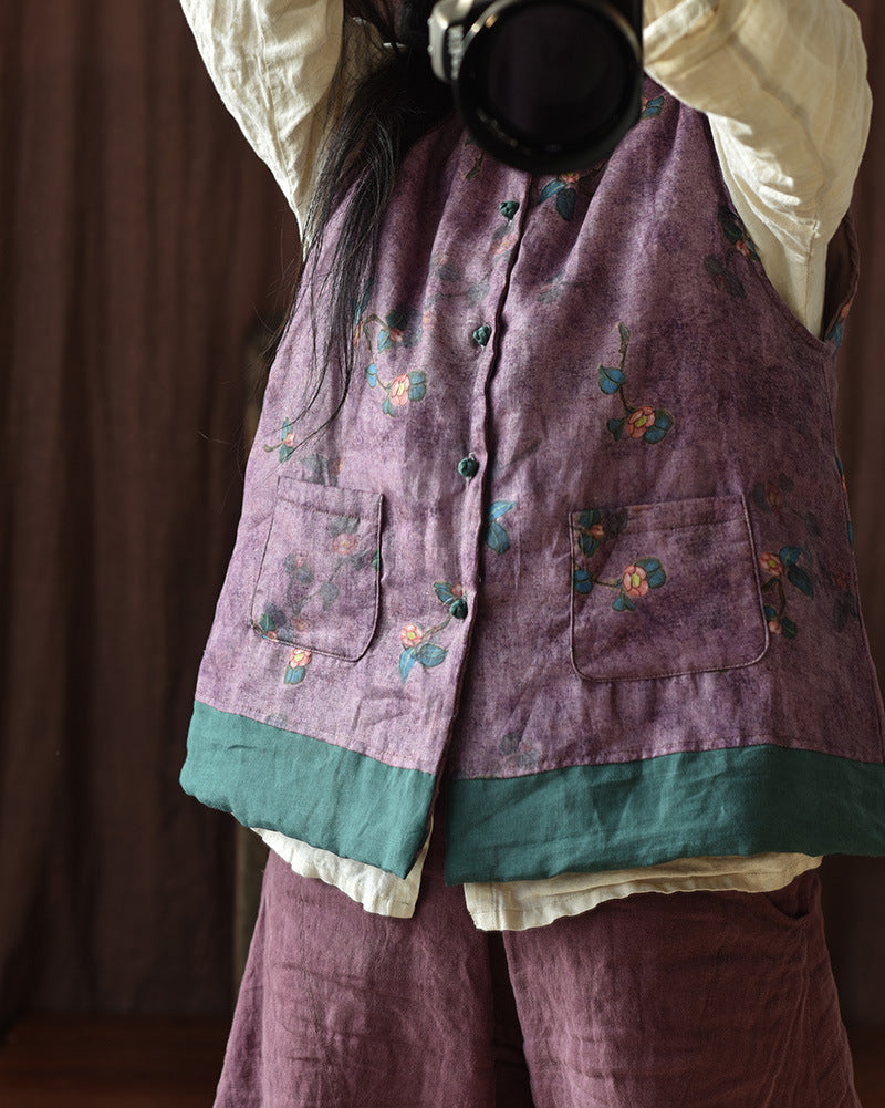 Chaleco de lino con patchwork y flores vintage