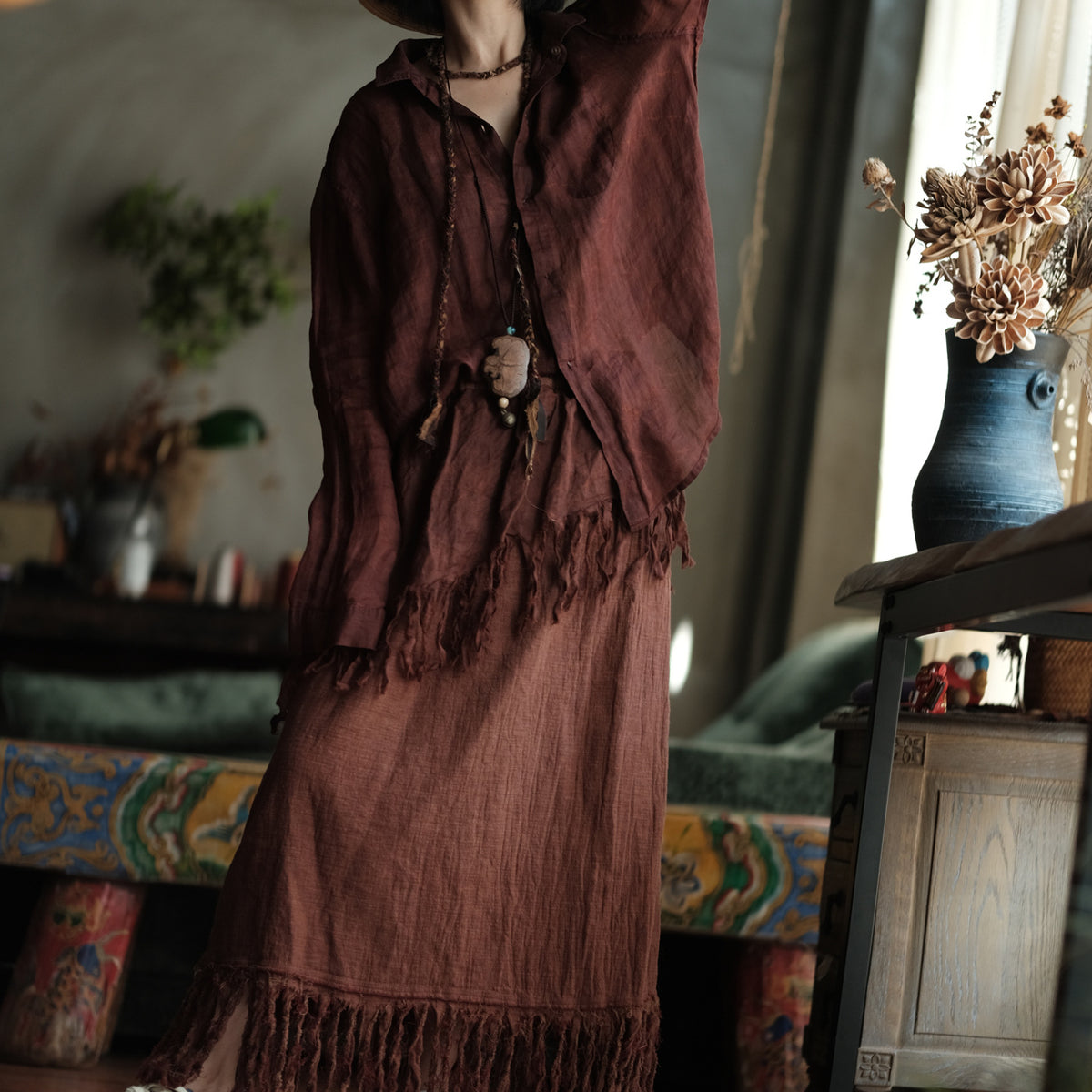 Terracotta Nomad Fringe Cotton-Linen Midi Skirt
