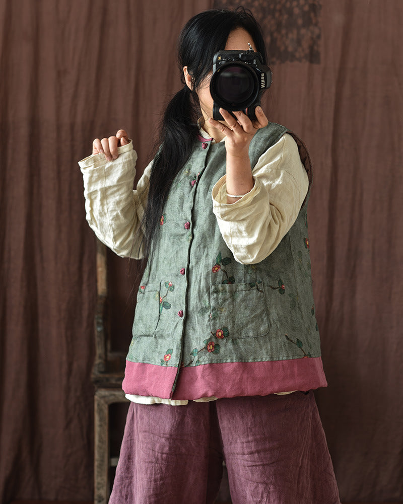 Chaleco de lino con patchwork y flores vintage