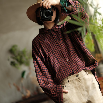 Camisa de lino a cuadros vintage - Estilo bohemio oversized