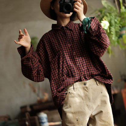 Camisa de lino a cuadros vintage - Estilo bohemio oversized