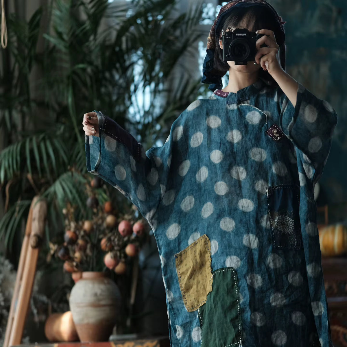 Sora Vintage Blue Dot Ramie Dress
