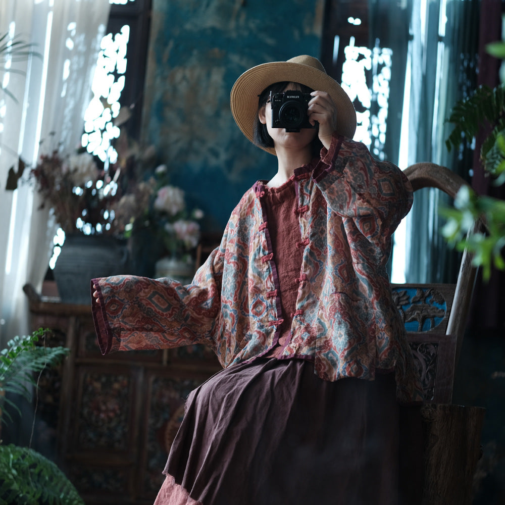 Chaqueta de lino vintage con estampados étnicos