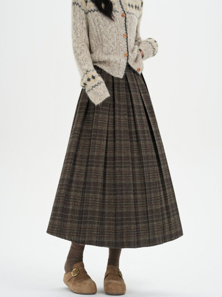 Falda midi de cuadros retro: cuadros, plisada y cintura elástica