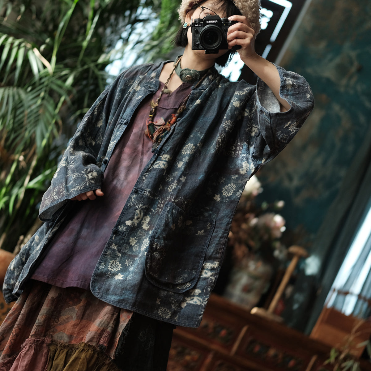 Indigo Garden Linen Kimono Jacket