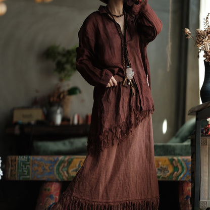 Terracotta Nomad Fringe Cotton-Linen Midi Skirt