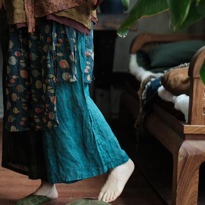Vintage Fish Print Ramie Wide Leg Pants