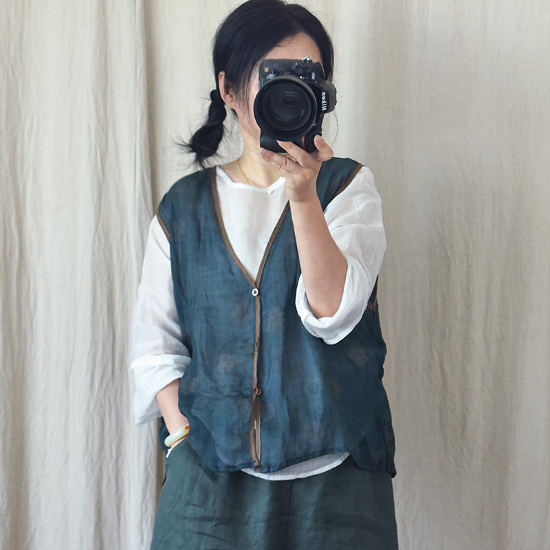 Chaleco floral de ramio con cuello en V