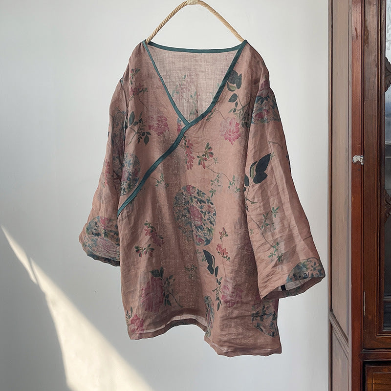 Blusa cruzada con estampado floral vintage