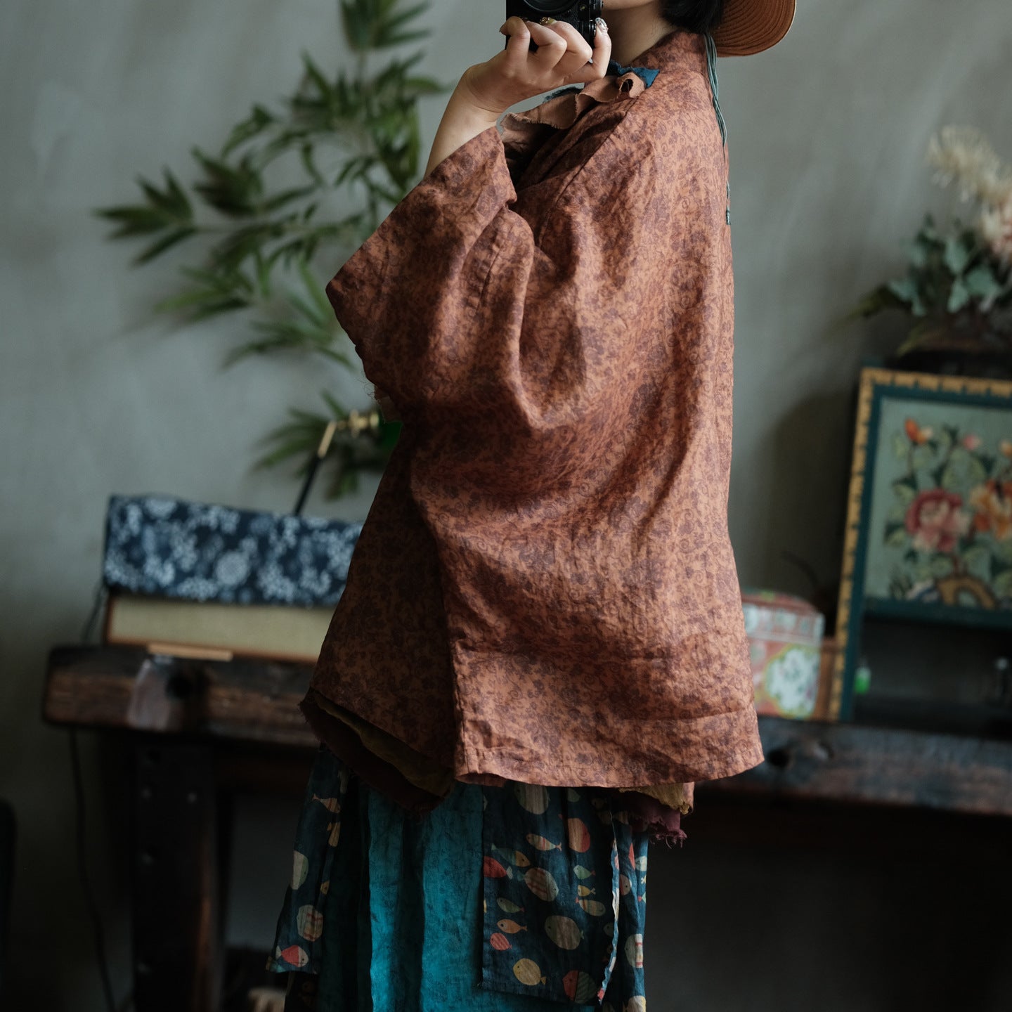 Vintage Fish Print Ramie Wide Leg Pants