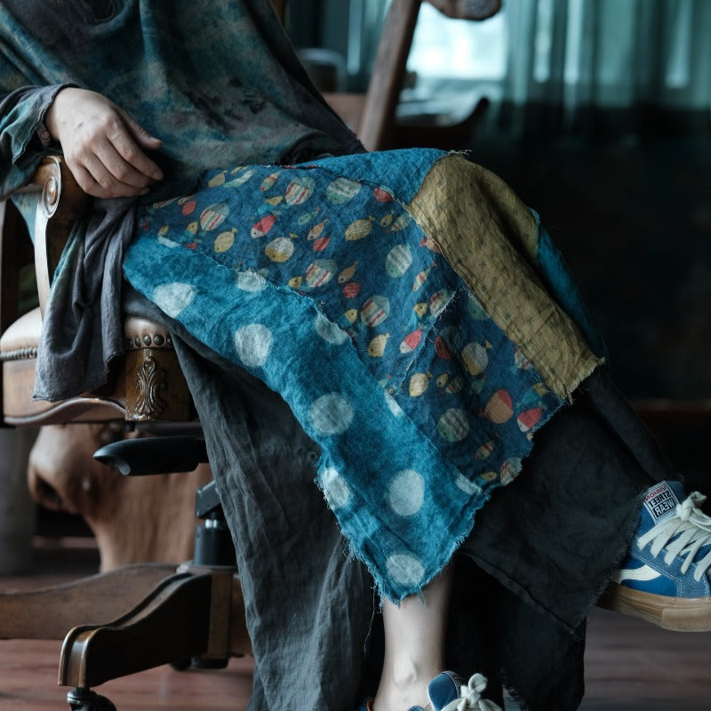 Indigo Fish Print Ramie Maxi Skirt