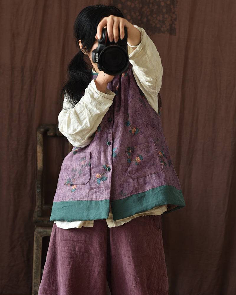 Chaleco de lino con patchwork y flores vintage