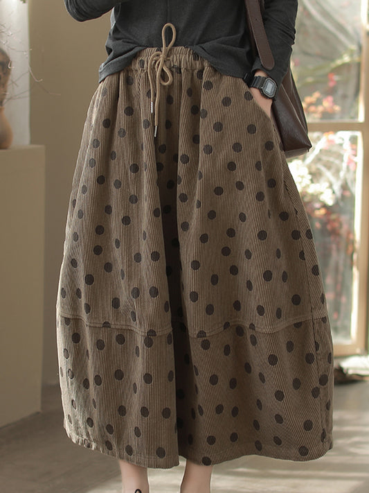 Falda larga vintage de pana con lunares para mujer: cintura elástica, estilo informal de invierno, holgada y con bolsillos.