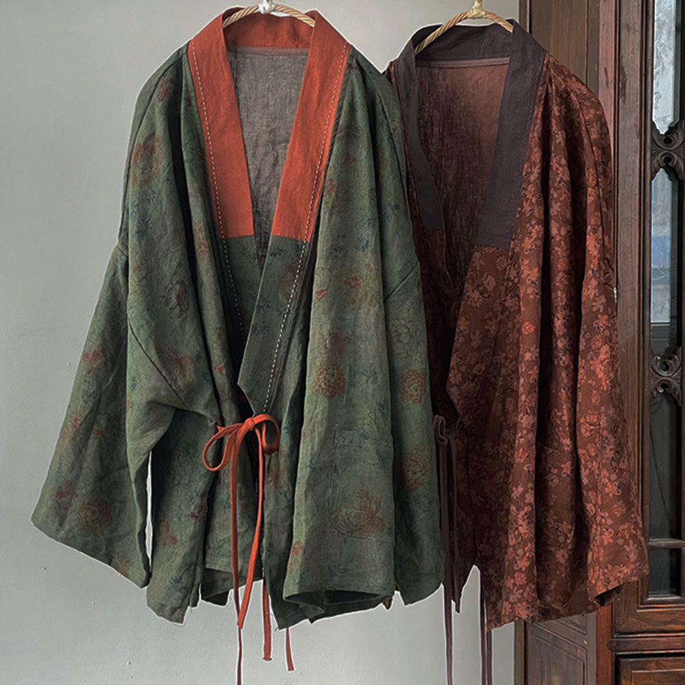 Chaqueta kimono de lino Vintage Bloom – Cárdigan cruzado de patchwork