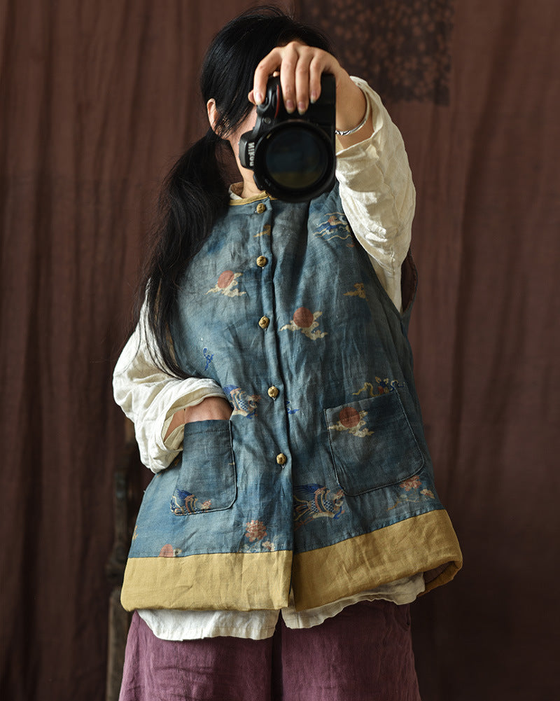 Chaleco de lino con patchwork y flores vintage