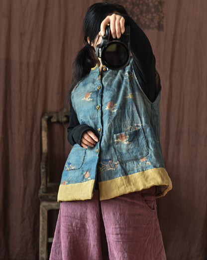 Chaleco de lino con patchwork y flores vintage