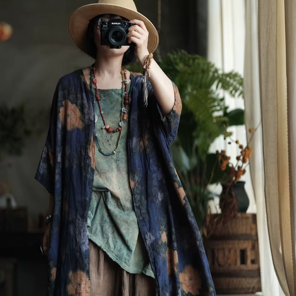 Vintage Blue Garden Cotton Long Shirt
