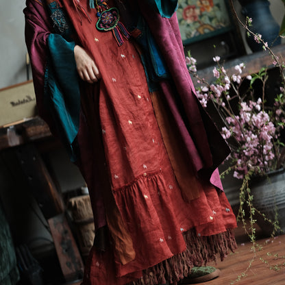 Crimson Garden Embroidered Linen Dress