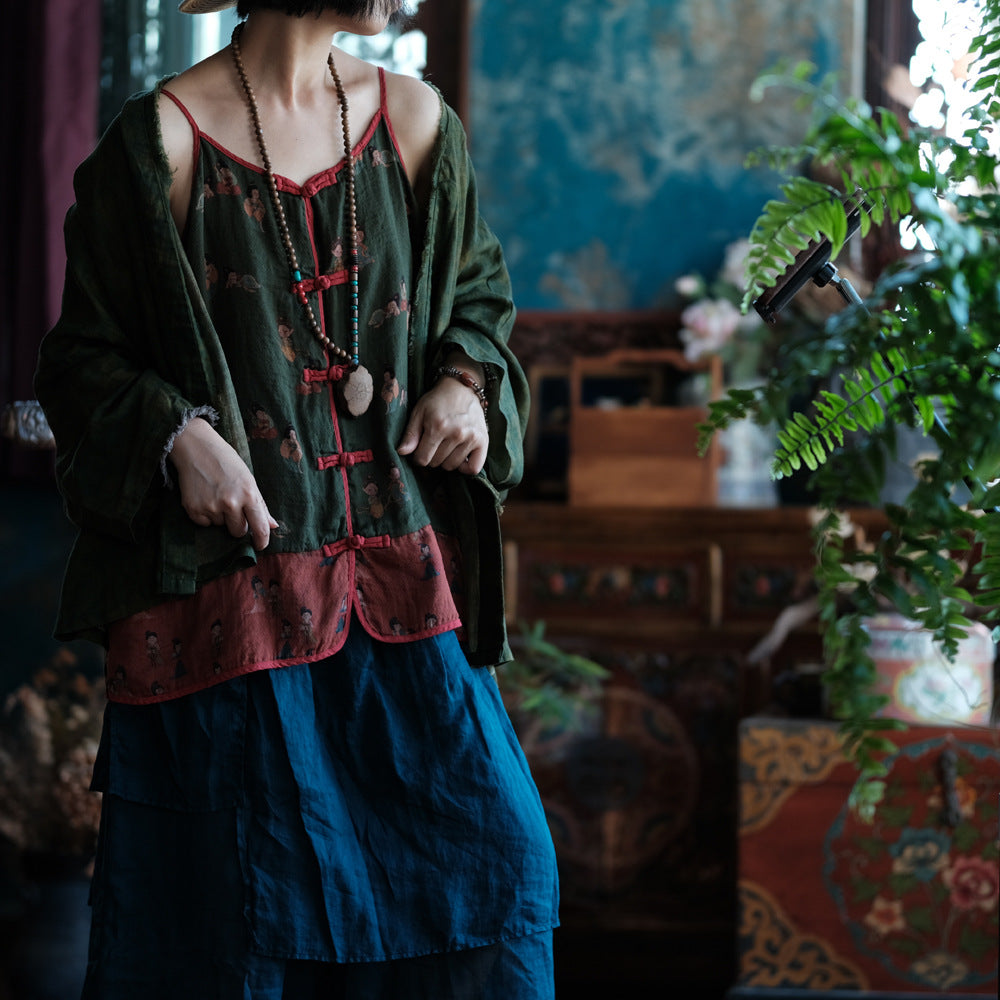 Camisola de lino vintage con figuras pequeñas – Blusa de verano bohemia ligera
