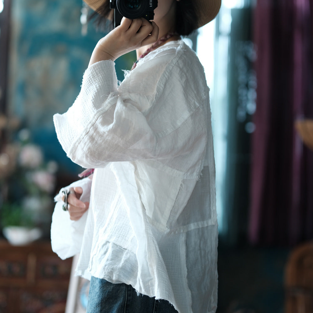 Blusa vintage de patchwork con cuello en V