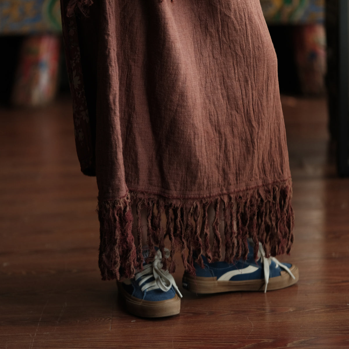 Terracotta Nomad Fringe Cotton-Linen Midi Skirt