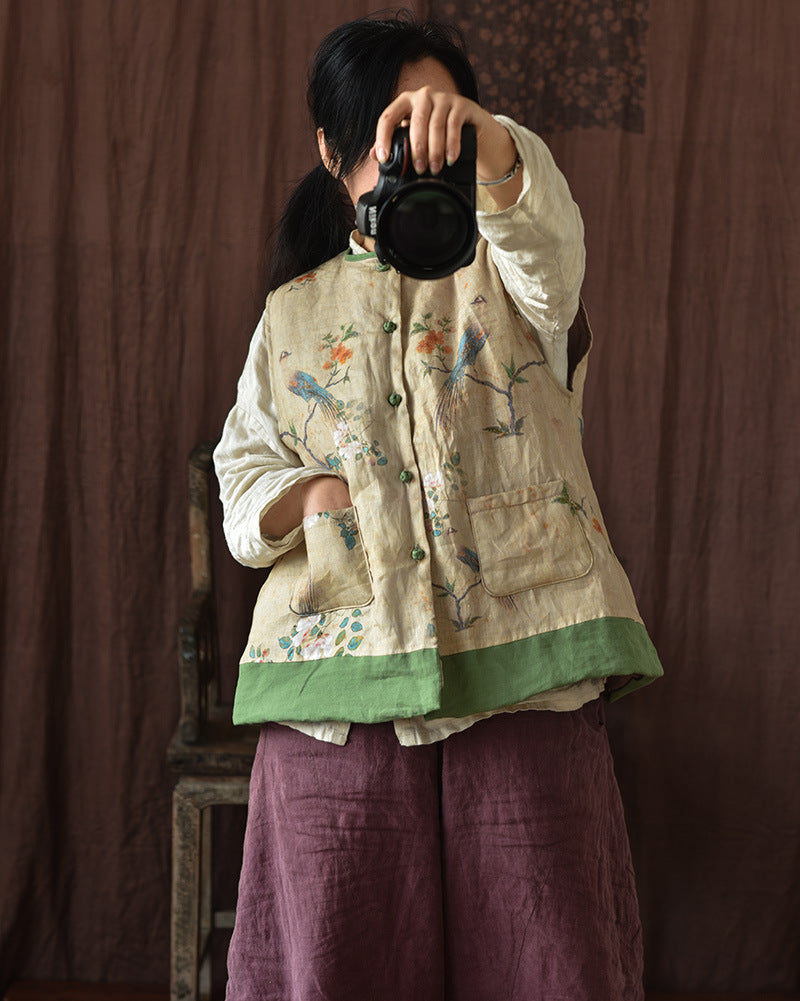Chaleco de lino con patchwork y flores vintage