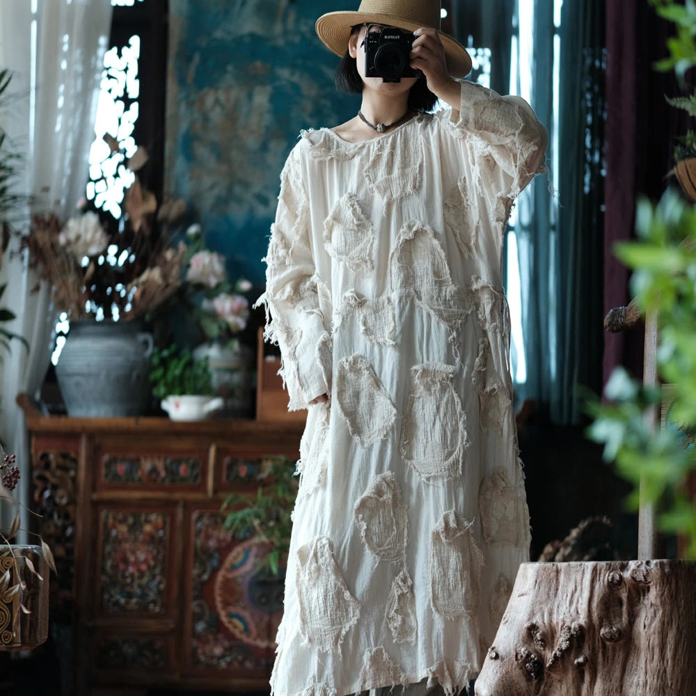 Vestido túnica de patchwork color crudo