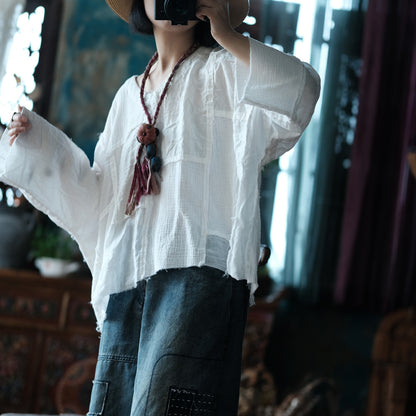 Blusa vintage de patchwork con cuello en V