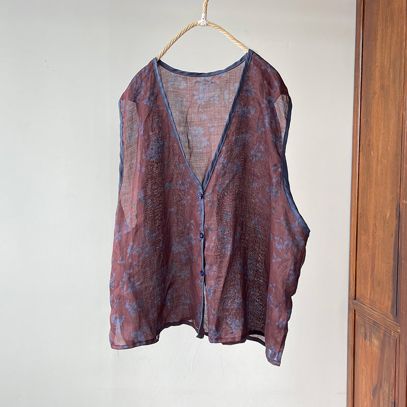 Chaleco floral de ramio con cuello en V