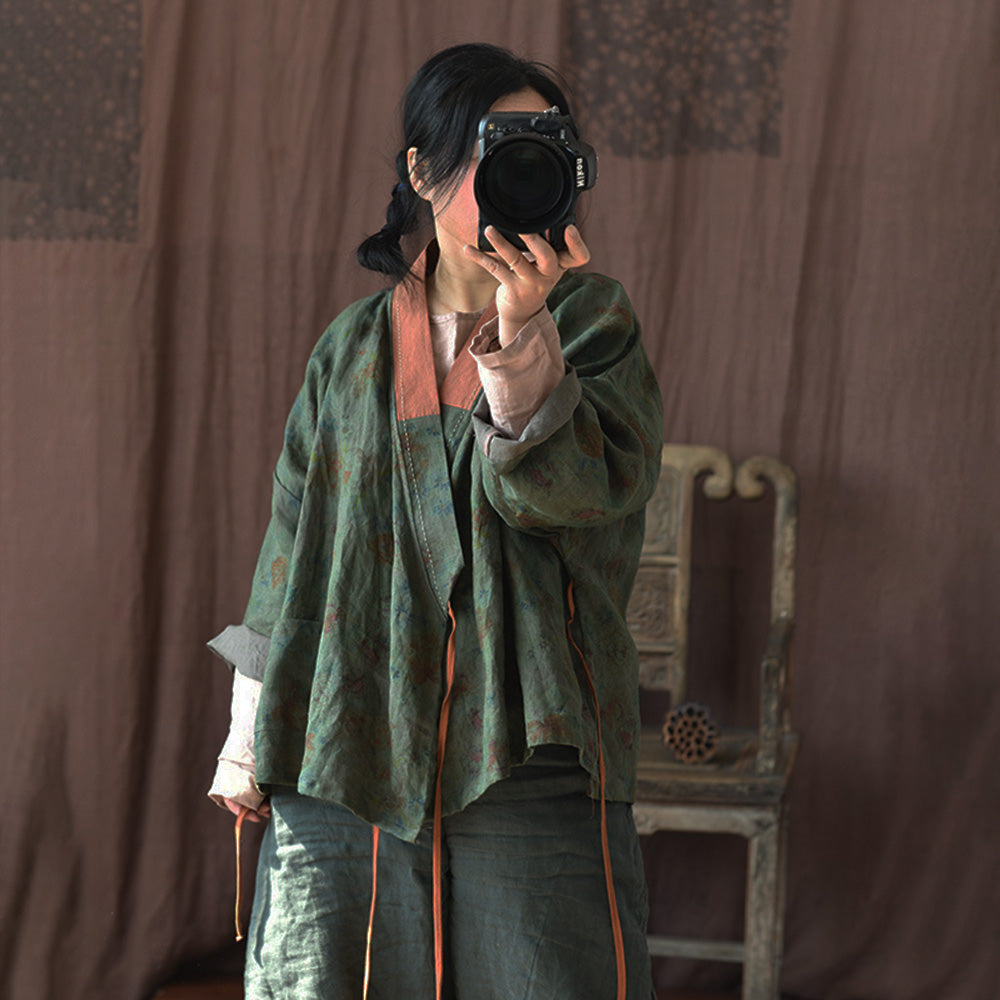 Chaqueta kimono de lino Vintage Bloom – Cárdigan cruzado de patchwork