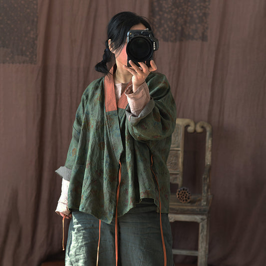 Chaqueta kimono de lino Vintage Bloom – Cárdigan cruzado de patchwork