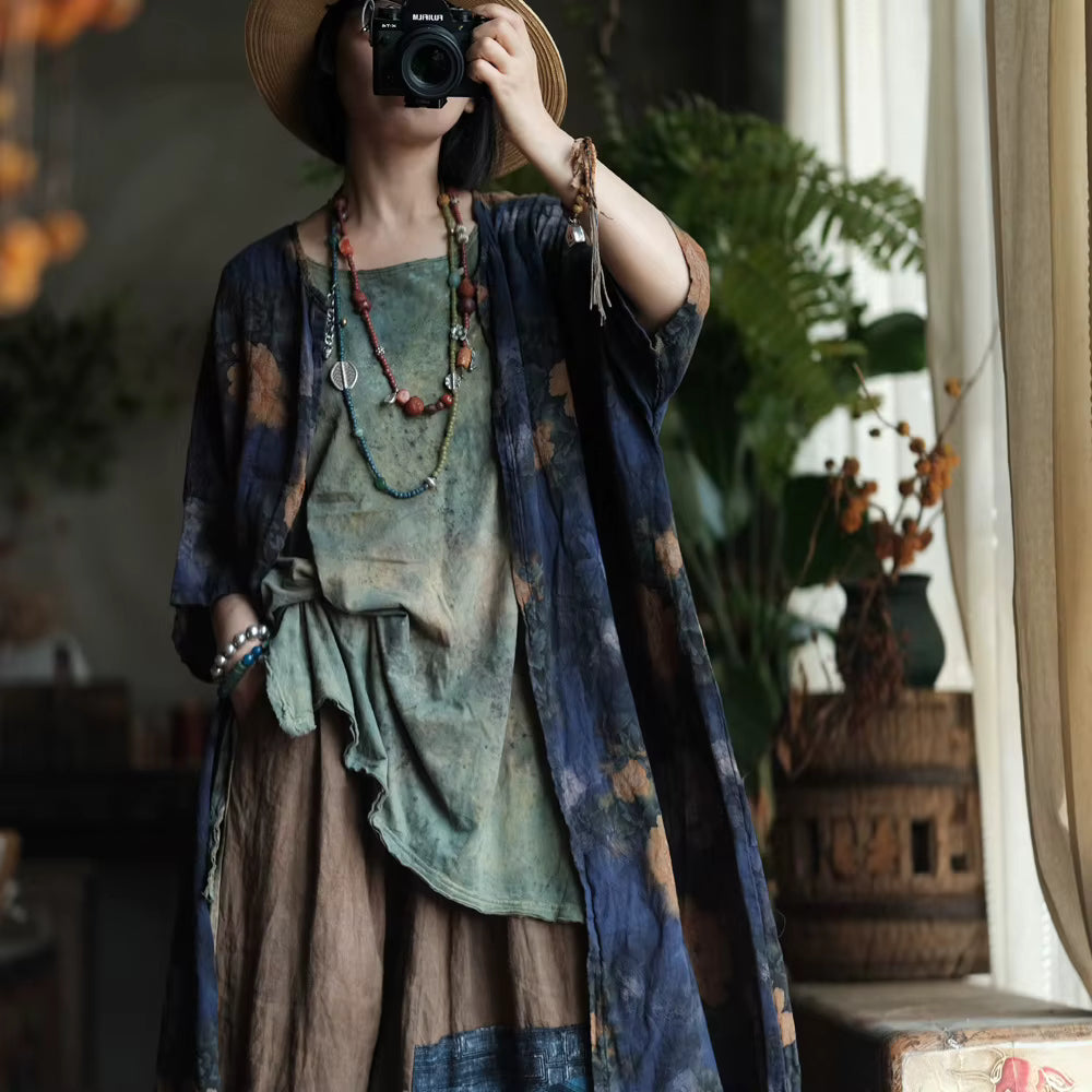 Vintage Blue Garden Cotton Long Shirt