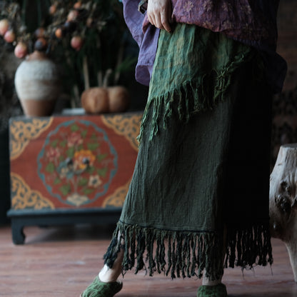 Charcoal Moss Nomad Fringe Cotton-Linen Midi Skirt