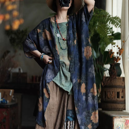 Vintage Blue Garden Cotton Long Shirt
