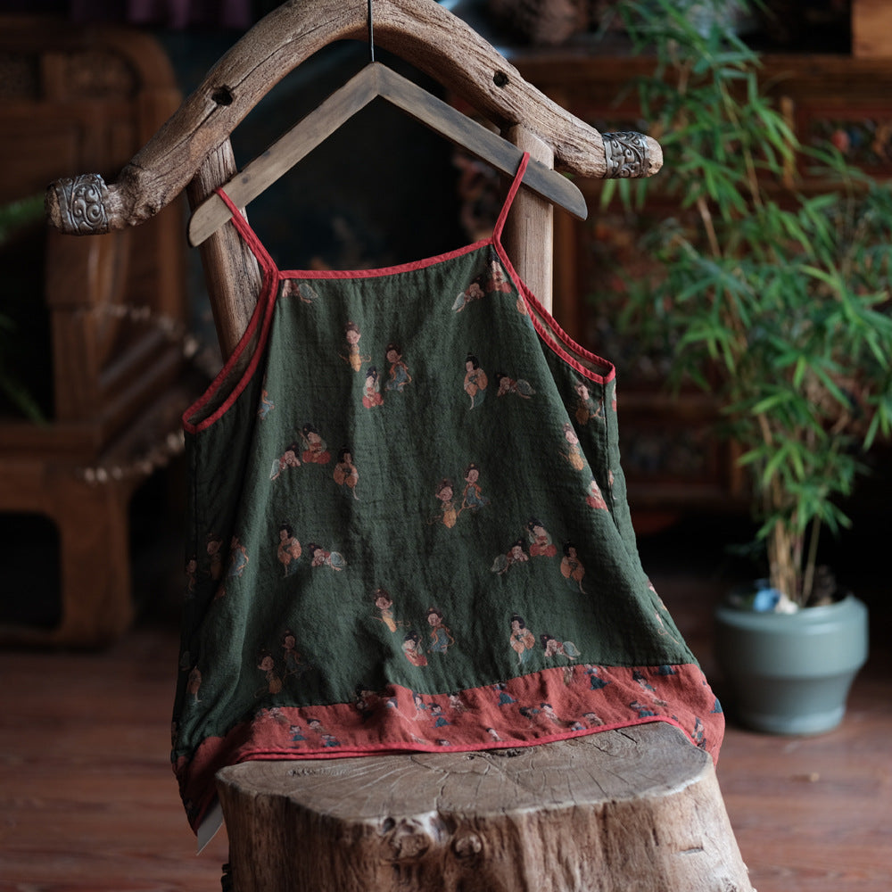 Camisola de lino vintage con figuras pequeñas – Blusa de verano bohemia ligera