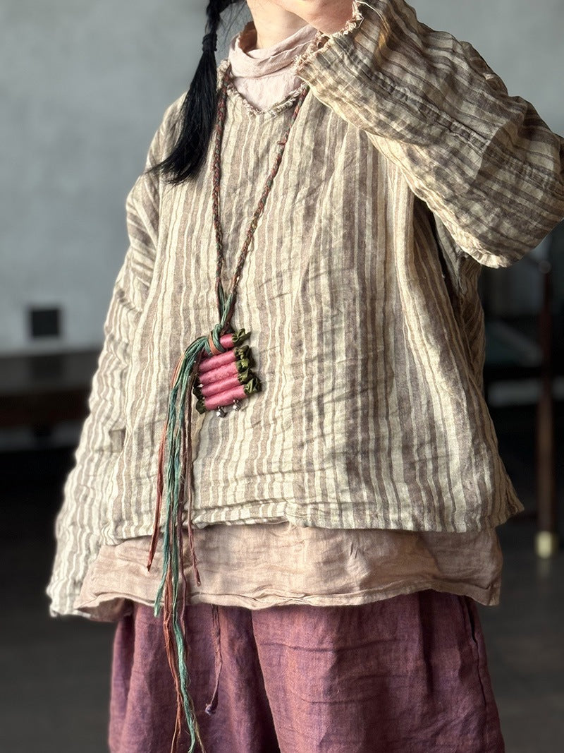 Vintage Striped Linen-Blend Blouse | Relaxed V-Neck Top