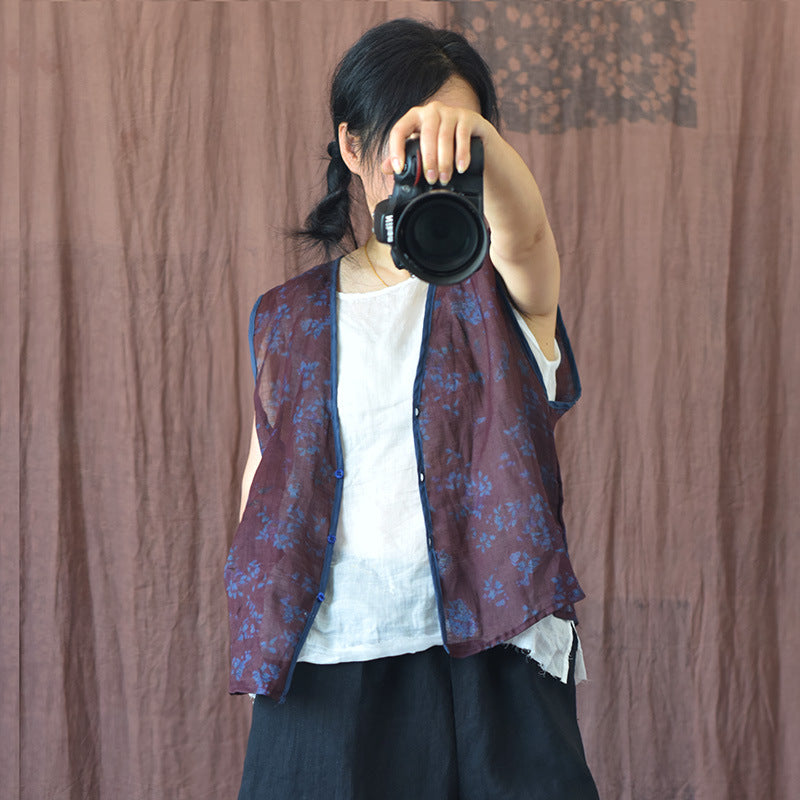 Chaleco floral de ramio con cuello en V