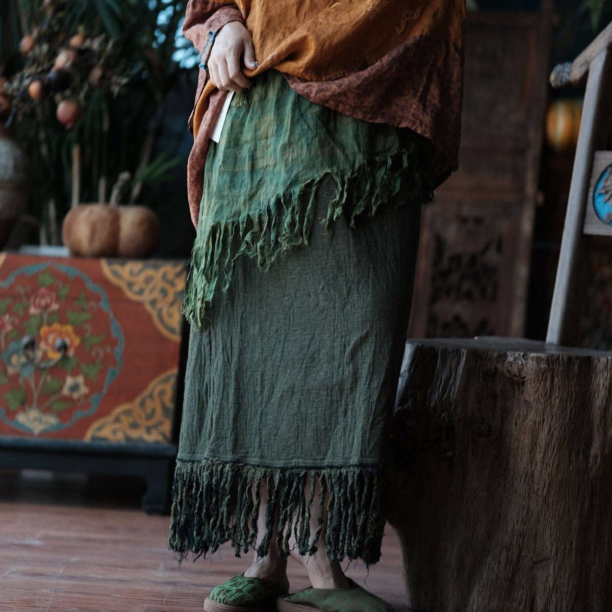 Charcoal Moss Nomad Fringe Cotton-Linen Midi Skirt