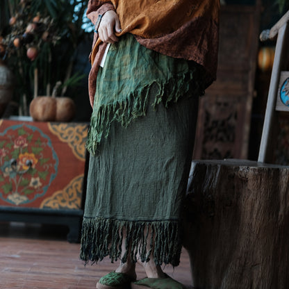 Charcoal Moss Nomad Fringe Cotton-Linen Midi Skirt