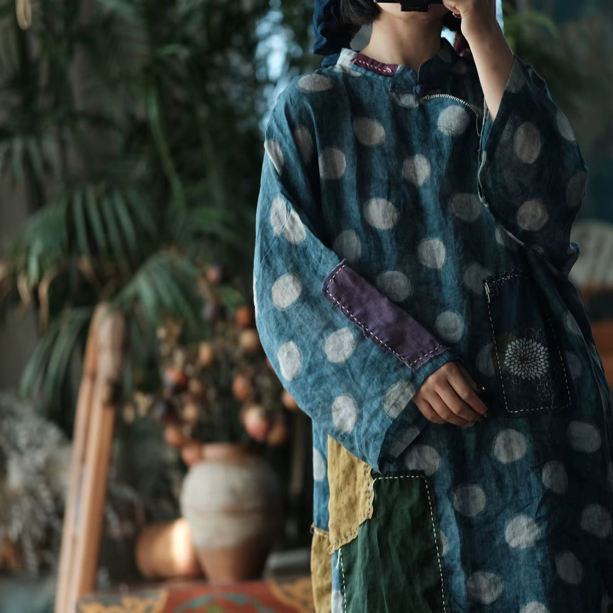 Sora Vintage Blue Dot Ramie Dress