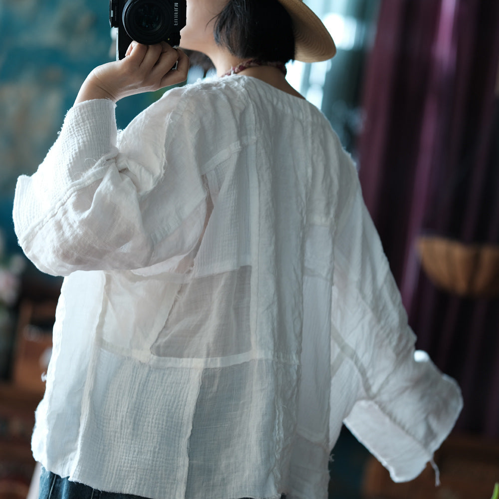 Blusa vintage de patchwork con cuello en V